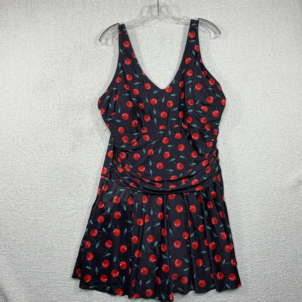 Cherry Print V-Neck Ruched Swimdress Black Red Retro One Piece Swimsuit - Picture 2 of 8